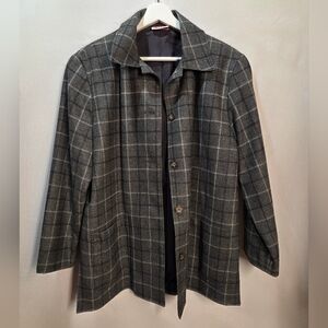 Vintage Petite Grey Plaid Overcoat Collared Straight Lines Pockets Size 10 Alia